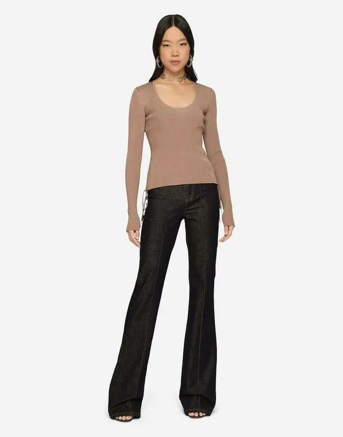 Dolce and Gabbana Sweaters And Cardigans Women Viscose Ribbed Sweater With Lacing And Eyelets Brown Dolce and Gabbana Sweaters And Cardigans Women Viscose Ribbed Sweater With Lacing And Eyelets Brown