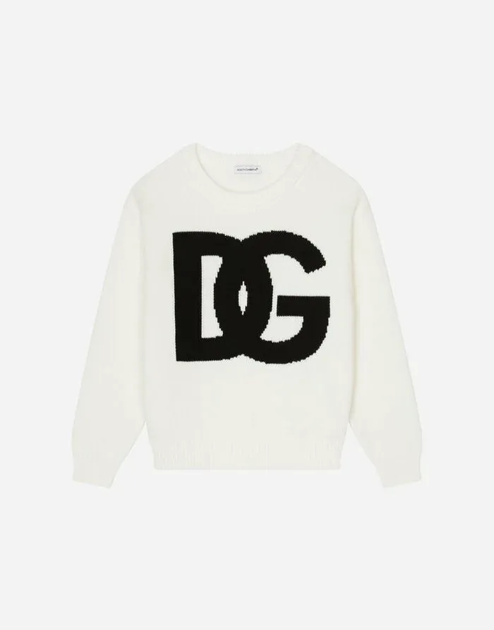 Dolce and Gabbana Sweaters Children Plainknit Cotton Roundneck Pullover With Inlaid DG Logo Multicolor