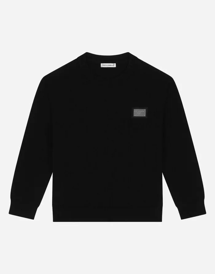 Dolce and Gabbana Sweaters Children Roundneck Knit Pullover With Logo Tag Black