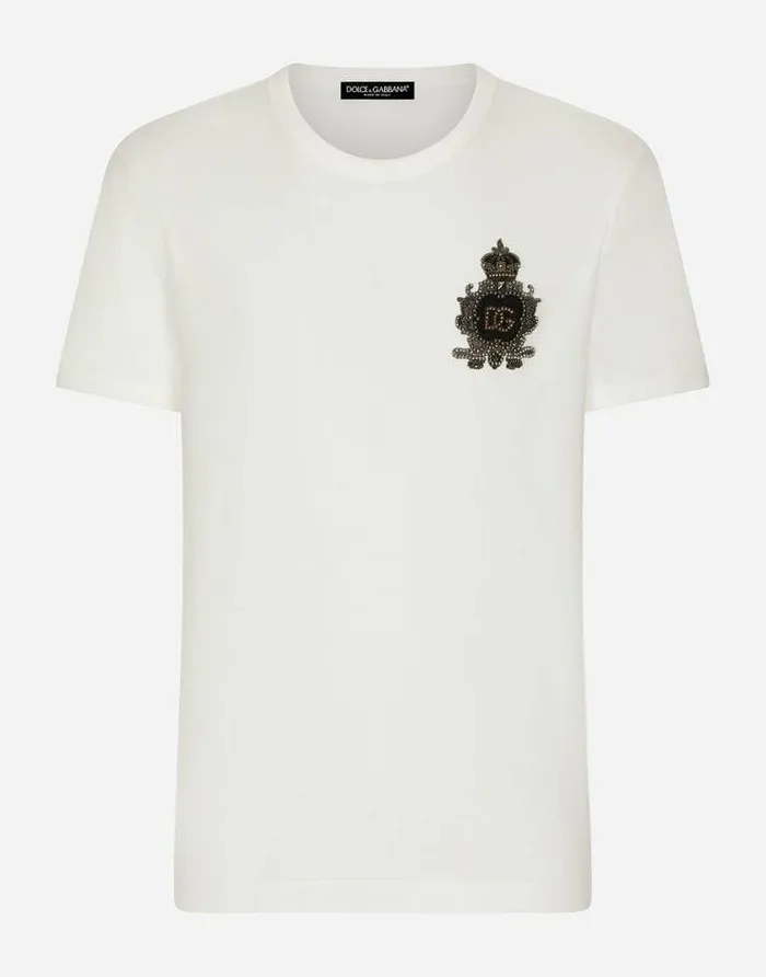 Dolce and Gabbana TShirts And Polos Men Cotton Tshirt With Heraldic DG Logo Patch White Dolce and Gabbana TShirts And Polos Men Cotton Tshirt With Heraldic DG Logo Patch White