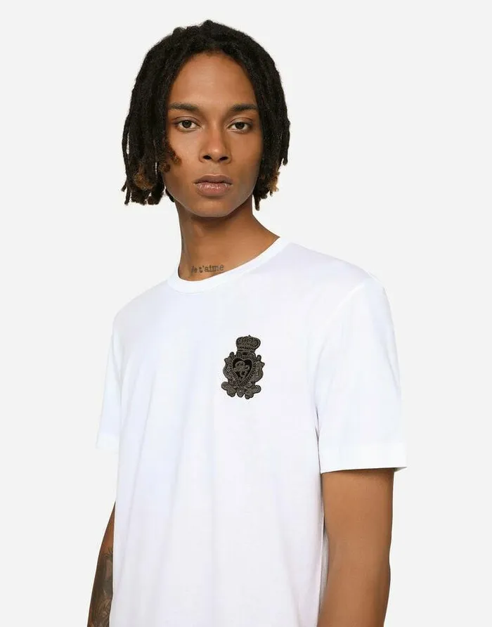 Dolce and Gabbana TShirts And Polos Men Cotton Tshirt With Heraldic Patch White Dolce and Gabbana TShirts And Polos Men Cotton Tshirt With Heraldic Patch White