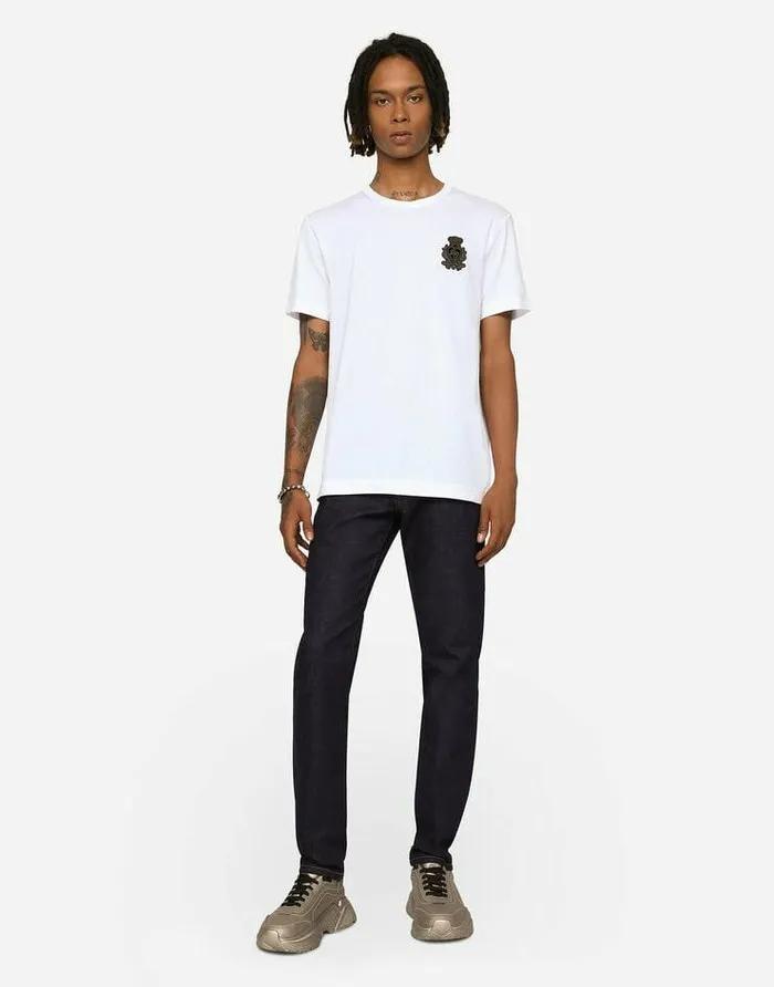 Dolce and Gabbana TShirts And Polos Men Cotton Tshirt With Heraldic Patch White Dolce and Gabbana TShirts And Polos Men Cotton Tshirt With Heraldic Patch White