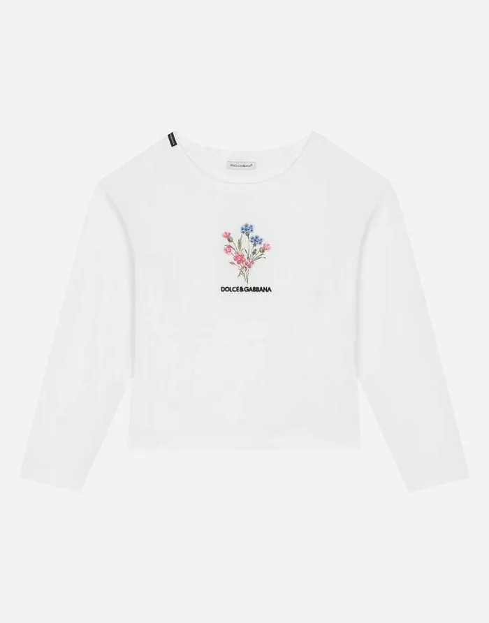 Dolce and Gabbana TShirts And Sweatshirts Children Jersey Tshirt With Long Sleeves And Floral Embroidery White