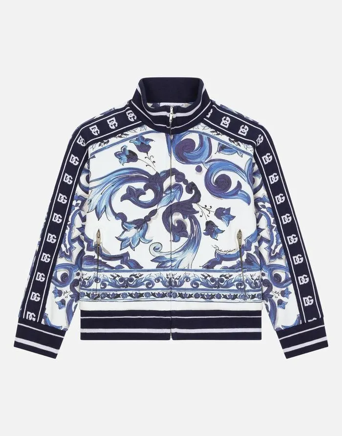 Dolce and Gabbana TShirts And Sweatshirts Children Zipup Jersey Sweatshirt With Majolica Print Multicolor