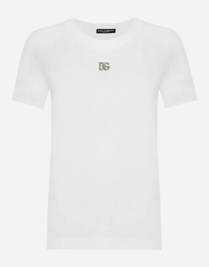 Dolce and Gabbana TShirts And Sweatshirts Women Cotton Tshirt With Crystal DG Logo White