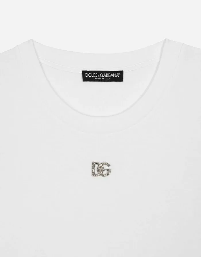 Dolce and Gabbana TShirts And Sweatshirts Women Cotton Tshirt With Crystal DG Logo White Dolce and Gabbana TShirts And Sweatshirts Women Cotton Tshirt With Crystal DG Logo White