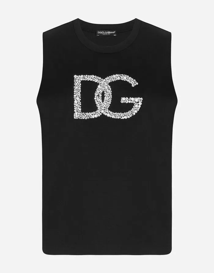 Dolce and Gabbana TShirts And Sweatshirts Women Interlock Tank Top With Crystal DG Embellishment Black Dolce and Gabbana TShirts And Sweatshirts Women Interlock Tank Top With Crystal DG Embellishment Black