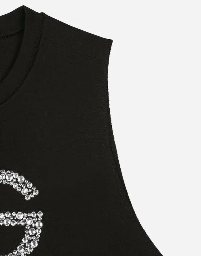 Dolce and Gabbana TShirts And Sweatshirts Women Interlock Tank Top With Crystal DG Embellishment Black Dolce and Gabbana TShirts And Sweatshirts Women Interlock Tank Top With Crystal DG Embellishment Black