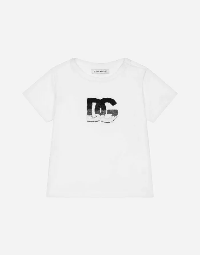 Dolce and Gabbana Topwear Children Jersey Tshirt With DG Logo Patch White