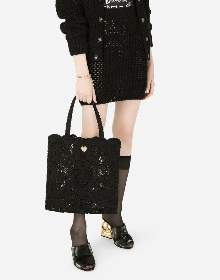 Dolce and Gabbana Totes Women Medium Cordonetto Lace Beatrice Shopper Black Dolce and Gabbana Totes Women Medium Cordonetto Lace Beatrice Shopper Black