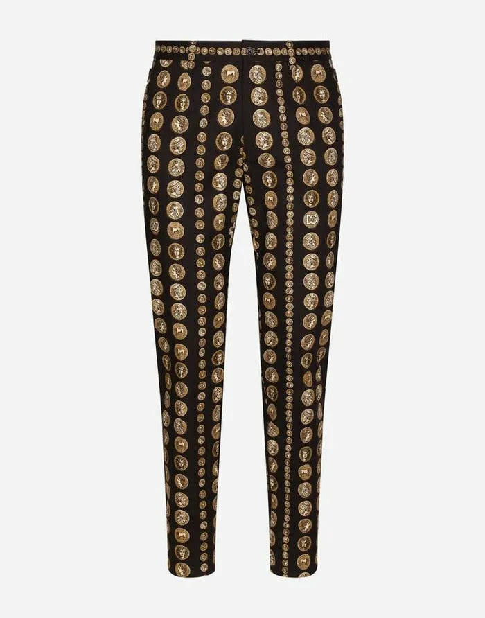 Dolce and Gabbana Trousers And Shorts Men Coin Print Stretch Drill Pants Black
