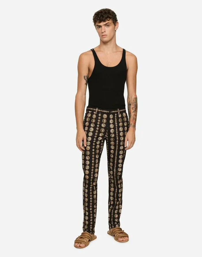 Dolce and Gabbana Trousers And Shorts Men Coin Print Stretch Drill Pants Black