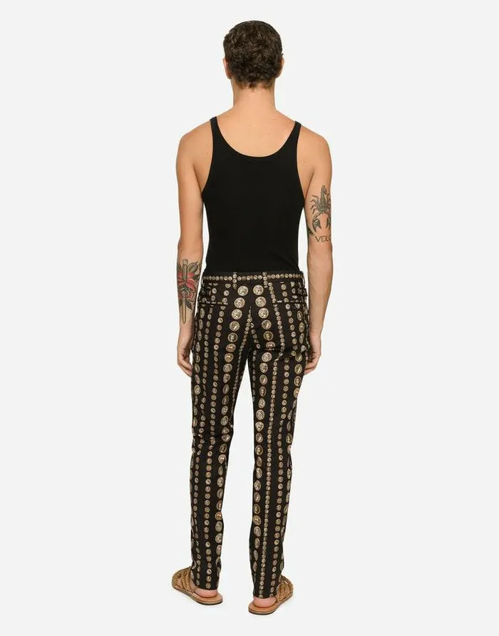 Dolce and Gabbana Trousers And Shorts Men Coin Print Stretch Drill Pants Black