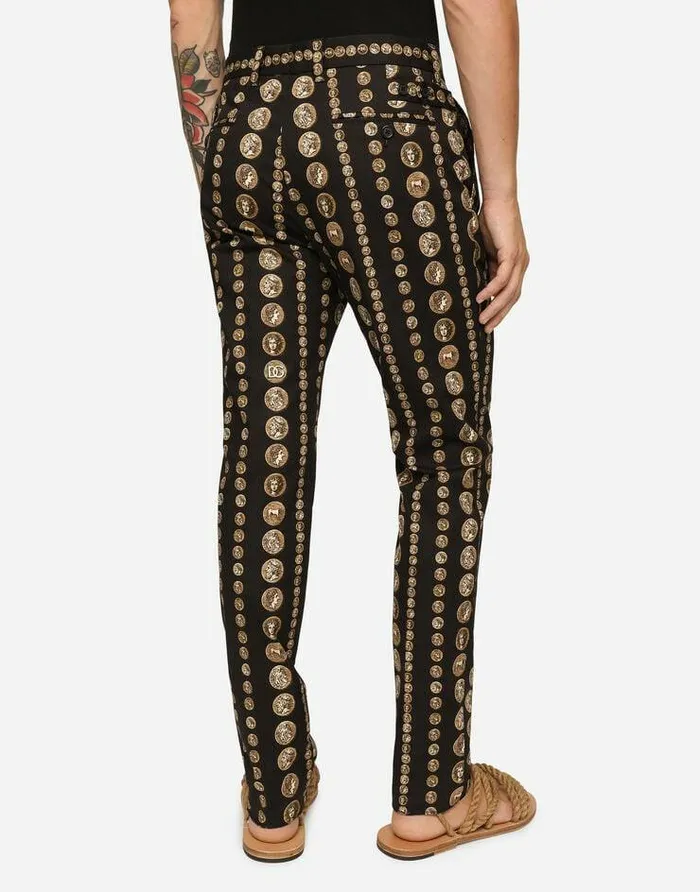 Dolce and Gabbana Trousers And Shorts Men Coin Print Stretch Drill Pants Black