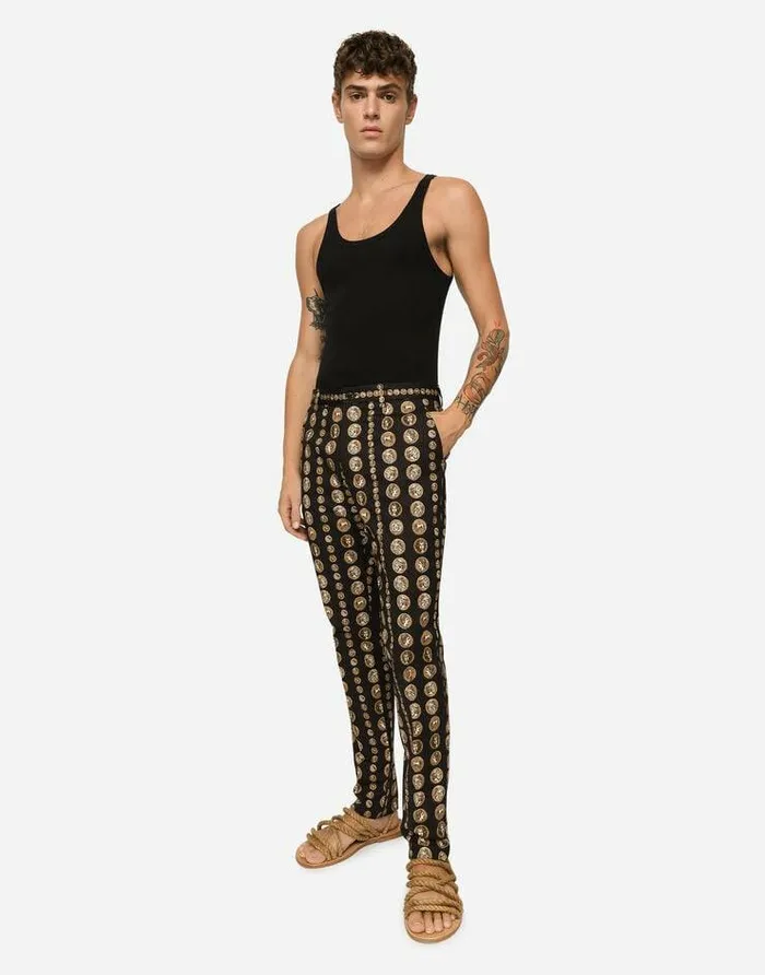Dolce and Gabbana Trousers And Shorts Men Coin Print Stretch Drill Pants Black
