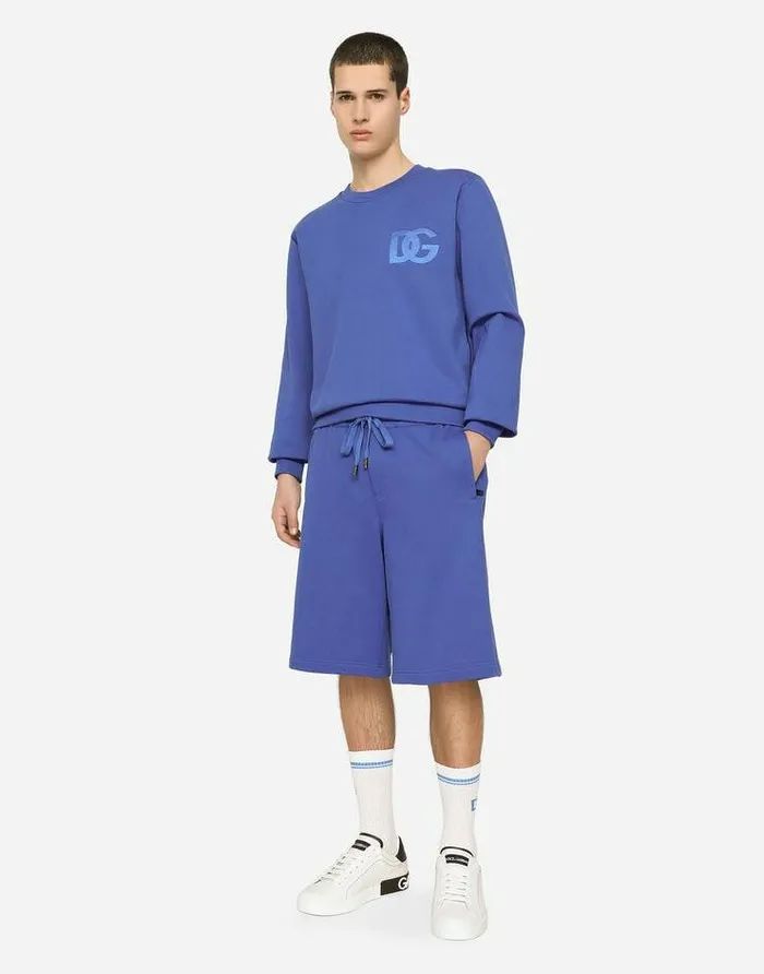 Dolce and Gabbana Trousers And Shorts Men Jersey Jogging Shorts With DG Embroidery Blue