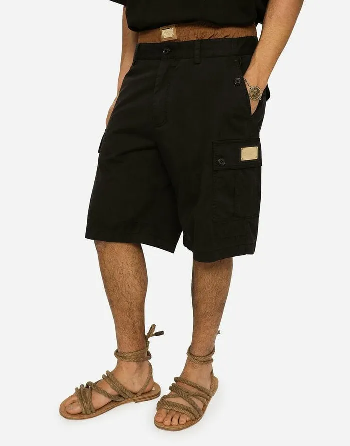 Dolce and Gabbana Trousers And Shorts Men Stretch Cotton Cargo Pants With Brand Plate Black Dolce and Gabbana Trousers And Shorts Men Stretch Cotton Cargo Pants With Brand Plate Black