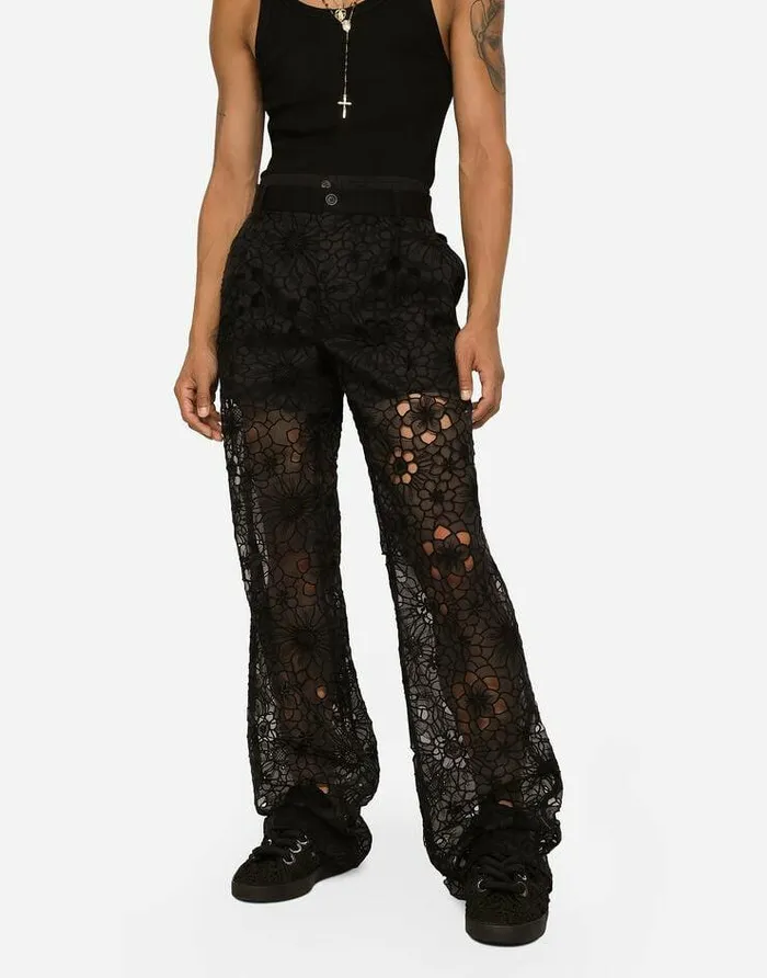 Dolce and Gabbana Trousers And Shorts Men Tailored Stretch Broderie Anglaise Pants Black