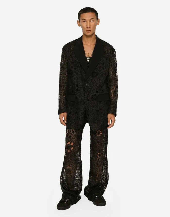 Dolce and Gabbana Trousers And Shorts Men Tailored Stretch Broderie Anglaise Pants Black
