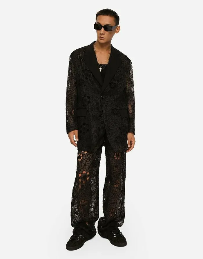 Dolce and Gabbana Trousers And Shorts Men Tailored Stretch Broderie Anglaise Pants Black