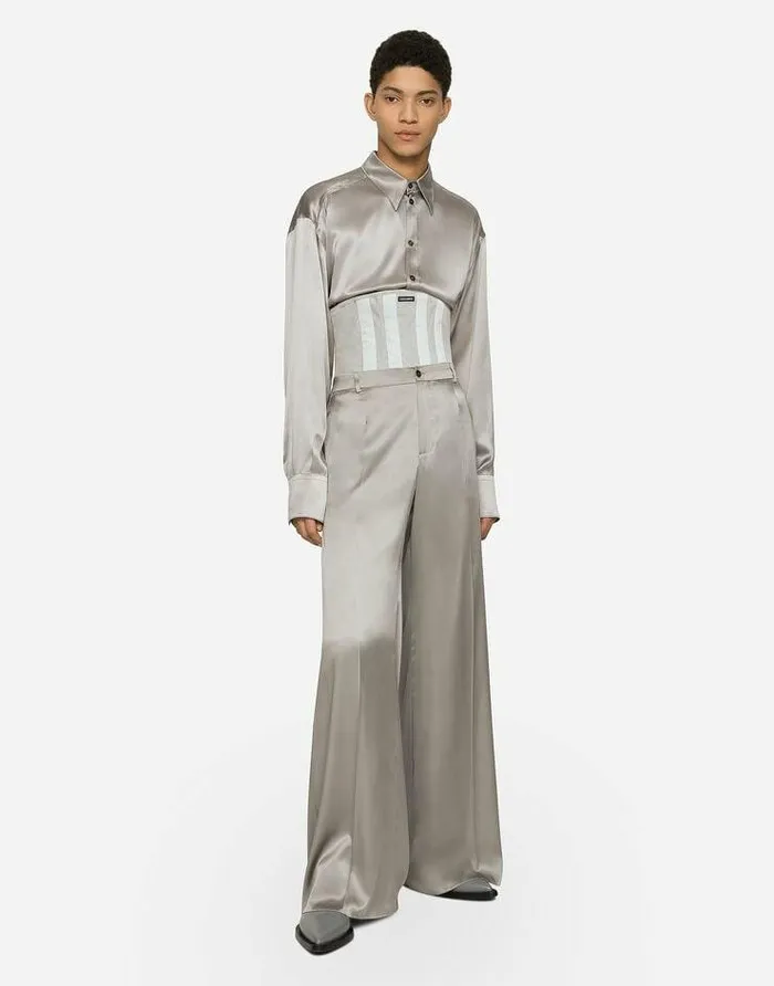 Dolce and Gabbana Trousers And Shorts Men Wideleg Stretch Silk Pants Grey