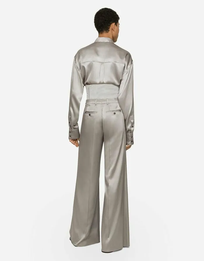 Dolce and Gabbana Trousers And Shorts Men Wideleg Stretch Silk Pants Grey