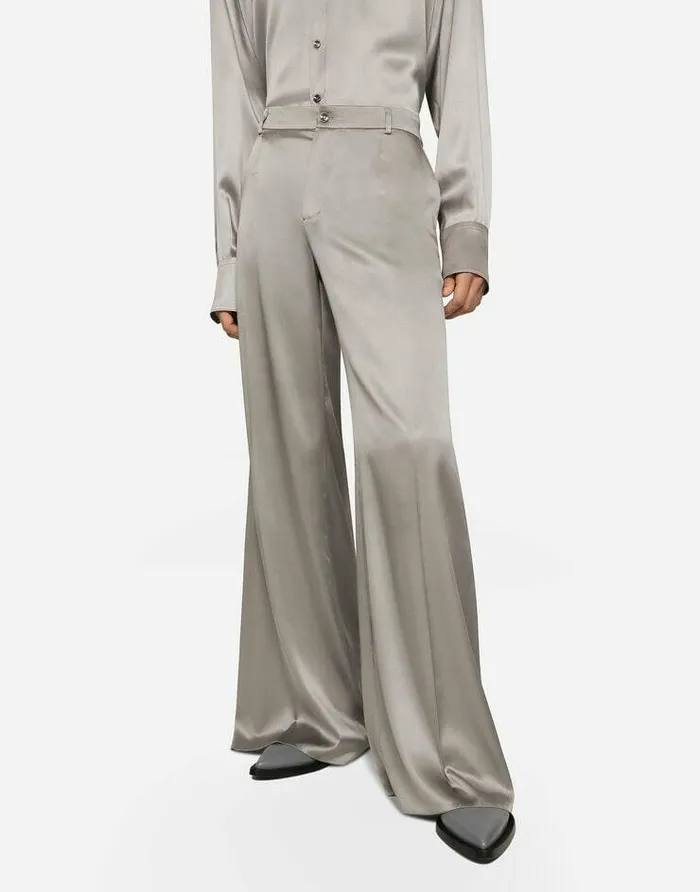 Dolce and Gabbana Trousers And Shorts Men Wideleg Stretch Silk Pants Grey