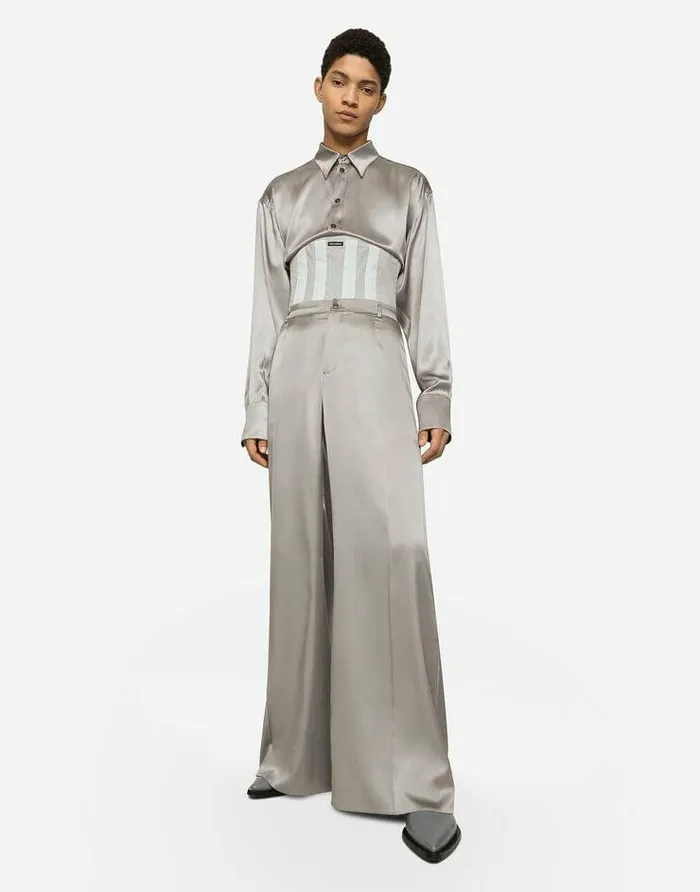 Dolce and Gabbana Trousers And Shorts Men Wideleg Stretch Silk Pants Grey