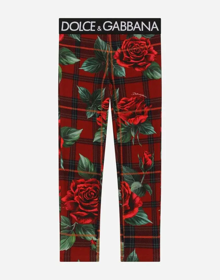 Dolce and Gabbana Trousers And Skirts Children Interlock Leggings With Tartan And Rose Print Red Dolce and Gabbana Trousers And Skirts Children Interlock Leggings With Tartan And Rose Print Red