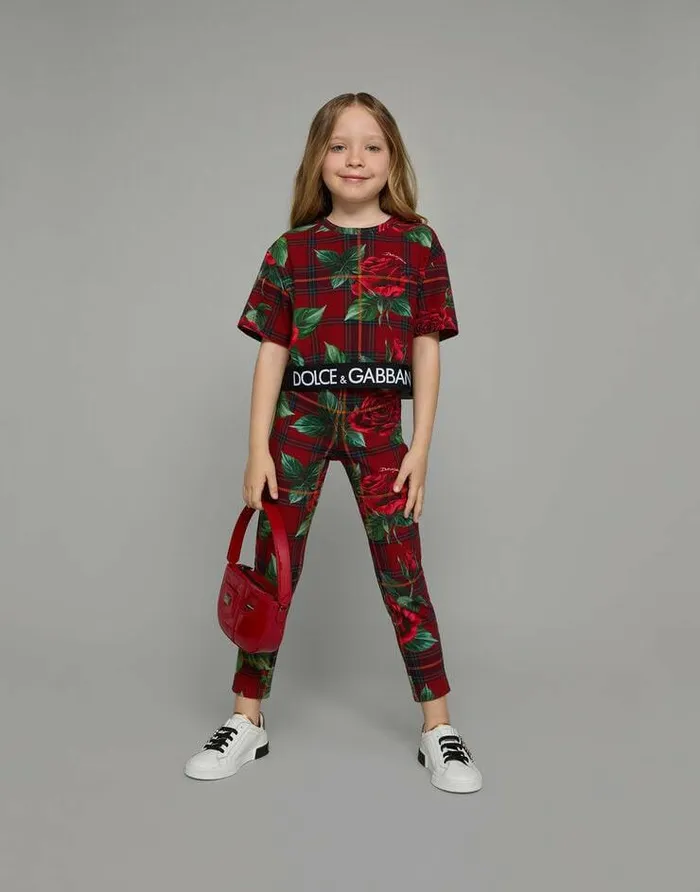 Dolce and Gabbana Trousers And Skirts Children Interlock Leggings With Tartan And Rose Print Red Dolce and Gabbana Trousers And Skirts Children Interlock Leggings With Tartan And Rose Print Red