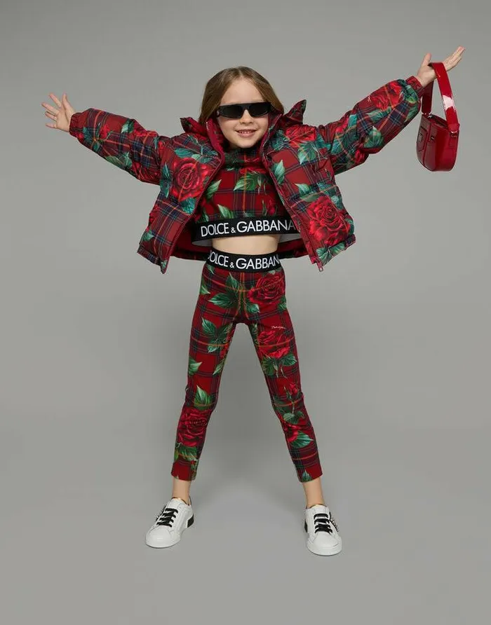 Dolce and Gabbana Trousers And Skirts Children Interlock Leggings With Tartan And Rose Print Red Dolce and Gabbana Trousers And Skirts Children Interlock Leggings With Tartan And Rose Print Red