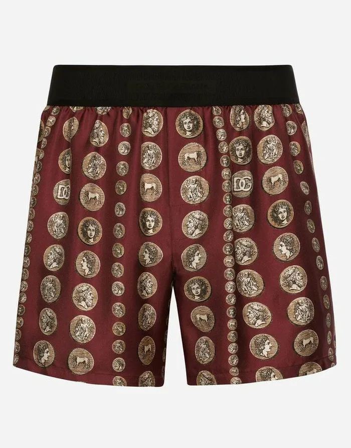 Dolce and Gabbana Underwear And Loungewear Men Coin Print Silk Shorts Bordeaux Dolce and Gabbana Underwear And Loungewear Men Coin Print Silk Shorts Bordeaux
