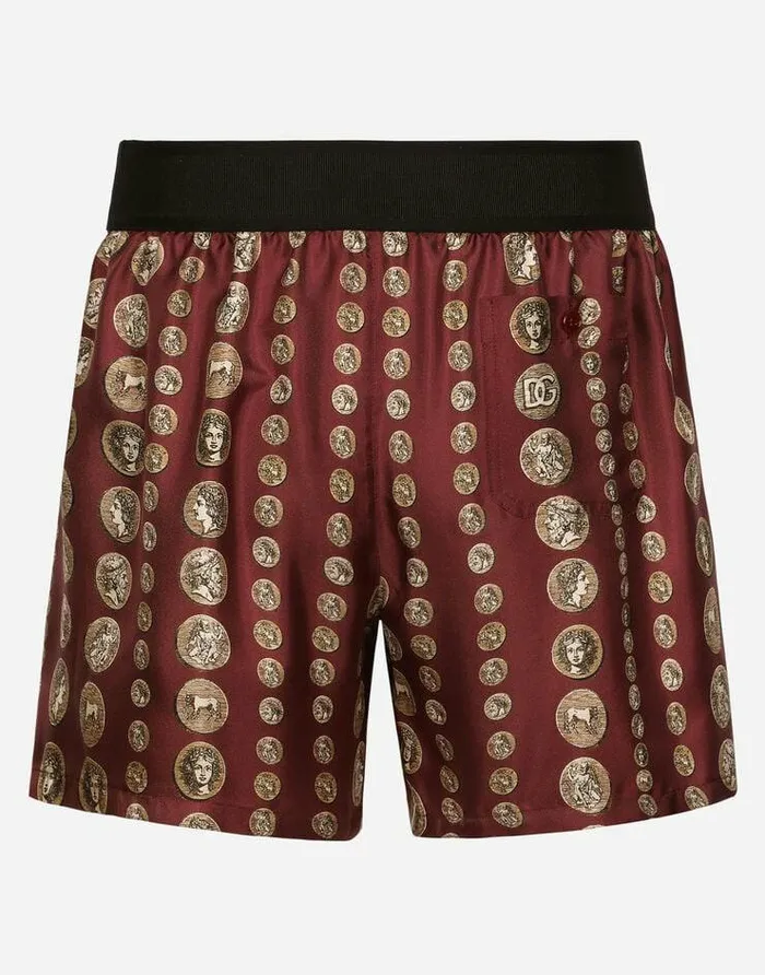 Dolce and Gabbana Underwear And Loungewear Men Coin Print Silk Shorts Bordeaux Dolce and Gabbana Underwear And Loungewear Men Coin Print Silk Shorts Bordeaux