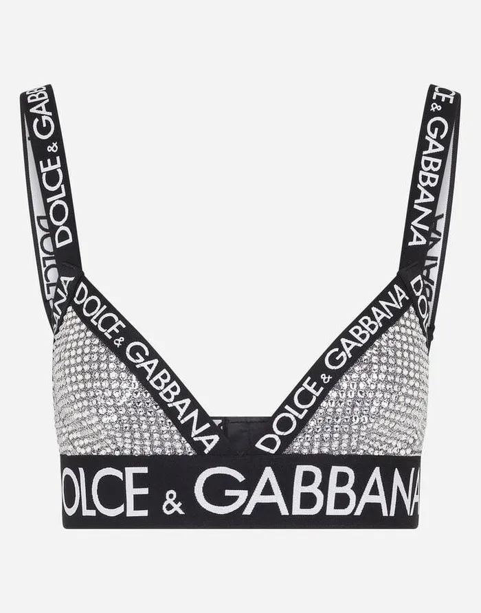 Dolce and Gabbana Underwear Women Crystal Mesh Triangle Bra Silver