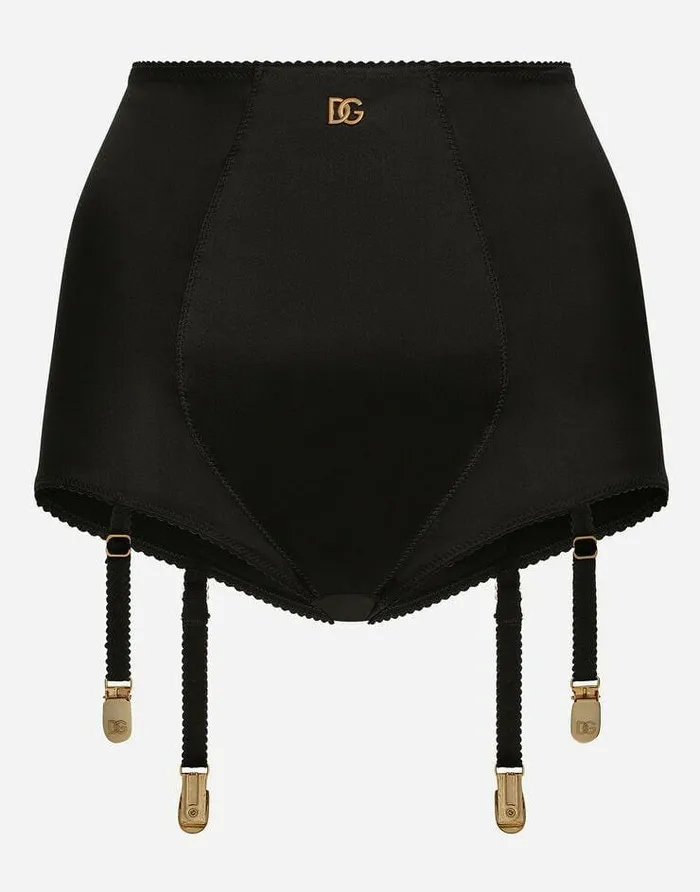 Dolce and Gabbana Underwear Women Satin Highwaisted Panties With Suspenders And DG Logo Black Dolce and Gabbana Underwear Women Satin Highwaisted Panties With Suspenders And DG Logo Black