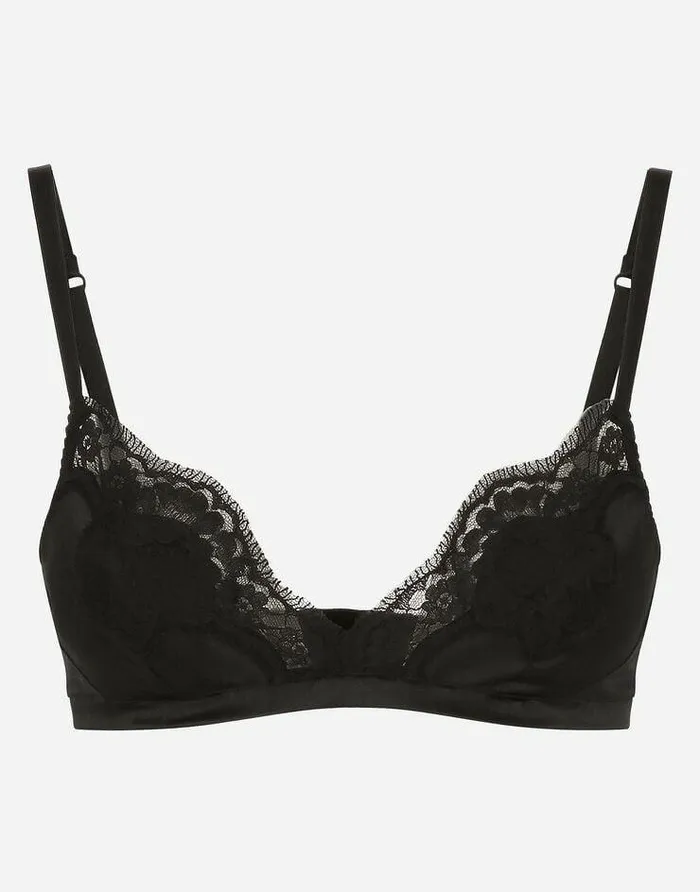 Dolce and Gabbana Underwear Women Softcup Satin Bra With Lace Detailing Black