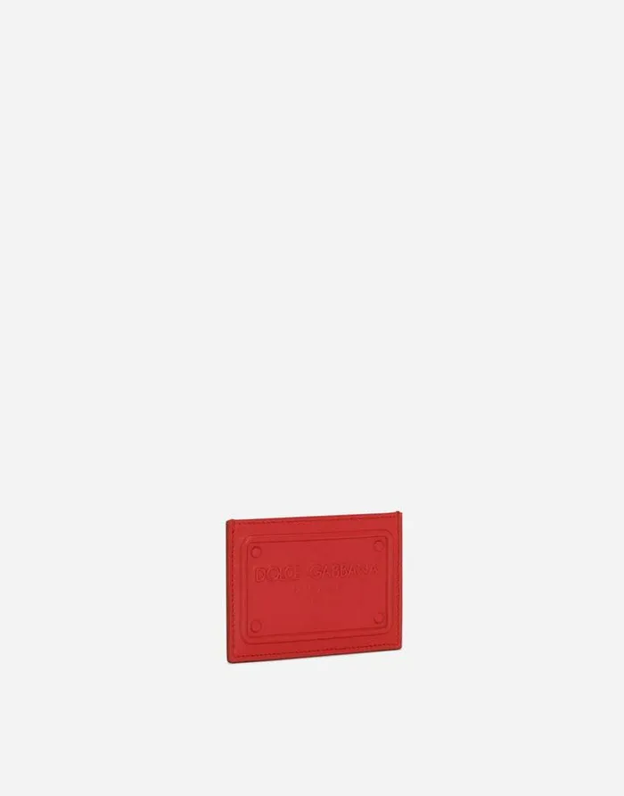 Dolce and Gabbana Wallets And Small Leather Goods Men Calfskin Card Holder With Raised Logo Red
