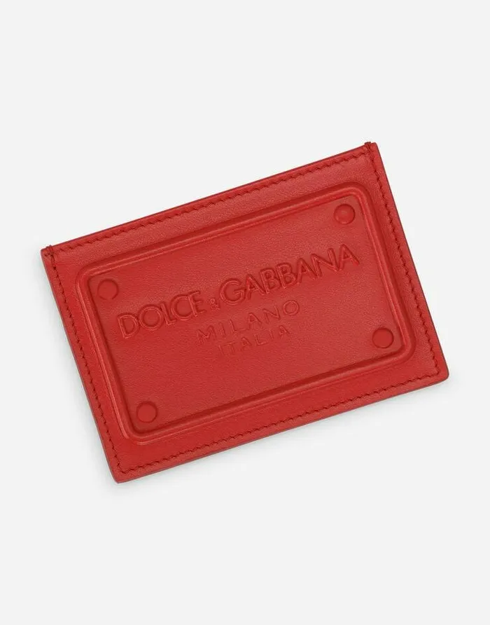 Dolce and Gabbana Wallets And Small Leather Goods Men Calfskin Card Holder With Raised Logo Red