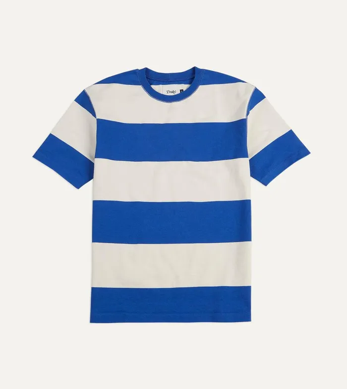 Drake039s Blue And White Wide Stripe Heavy Cotton Crew Neck Hiking TShirt 8211 Clothing