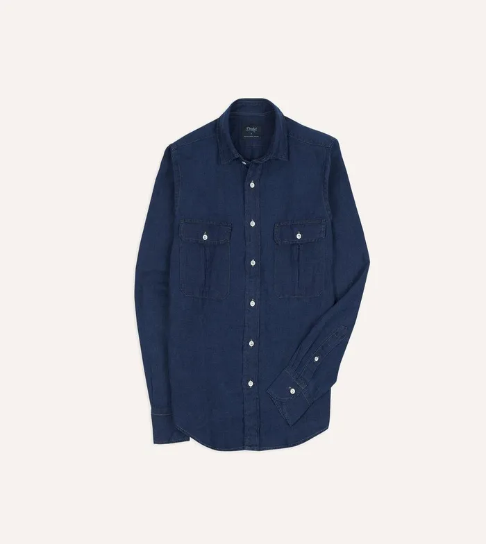 Drake039s Blue Linen TwoPocket Work Shirt 8211 Shirts