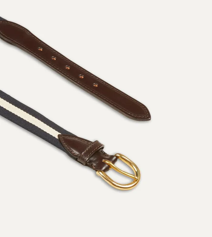 Drake039s Navy And Ecru Stripe Webbing And Leather Belt With Brass Buckle 8211 Accessories