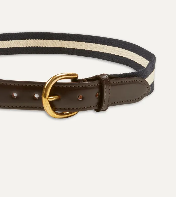 Drake039s Navy And Ecru Stripe Webbing And Leather Belt With Brass Buckle 8211 Accessories