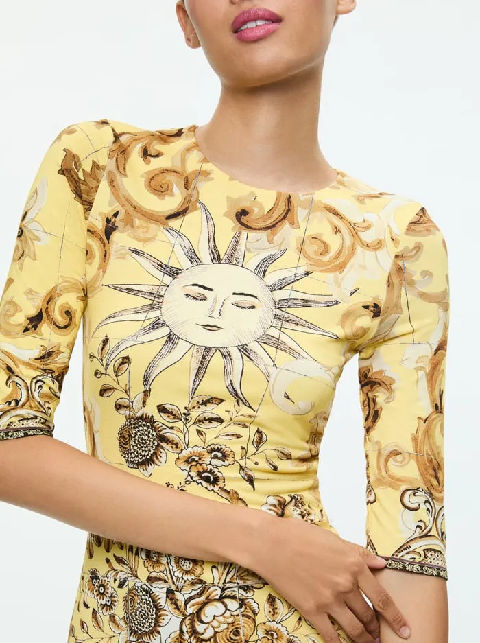 Dresses Women Alice Olivia Delora Crew Neck Fitted Mini Dress Lisboa Lemon Meringue