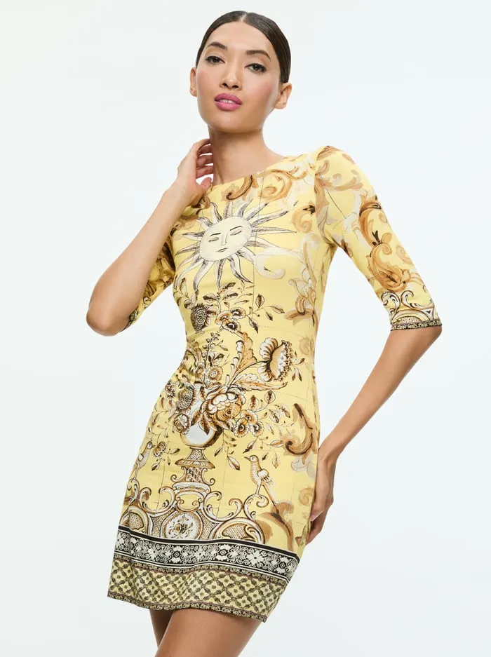 Dresses Women Alice Olivia Delora Crew Neck Fitted Mini Dress Lisboa Lemon Meringue