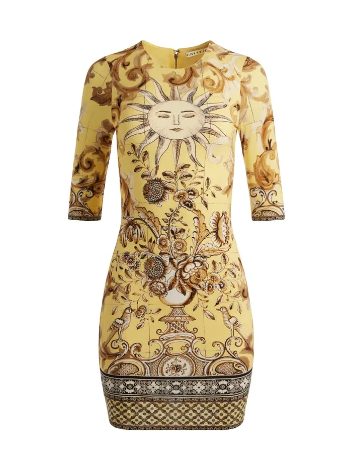 Dresses Women Alice Olivia Delora Crew Neck Fitted Mini Dress Lisboa Lemon Meringue
