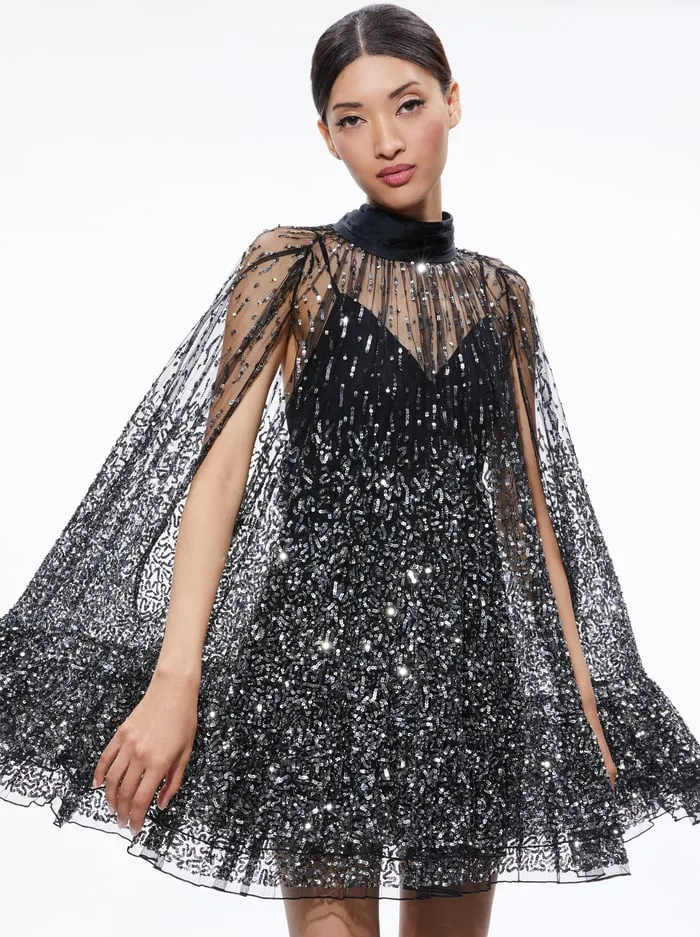 Dresses Women Alice Olivia Zenon Cape Mini Dress Blacksilver