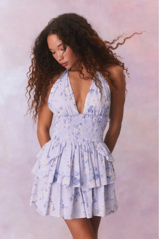 Dresses Women LoveShackFancy Deanna Fragrance Print Halter Mini Dress Whisper Blue Dresses Women LoveShackFancy Deanna Fragrance Print Halter Mini Dress Whisper Blue
