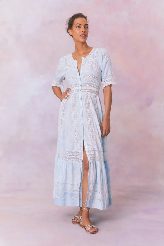 Dresses Women LoveShackFancy Minka Stripe Hand Dye Lace Maxi Dress Blue Hand Dye