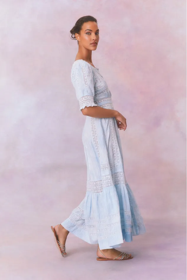Dresses Women LoveShackFancy Minka Stripe Hand Dye Lace Maxi Dress Blue Hand Dye