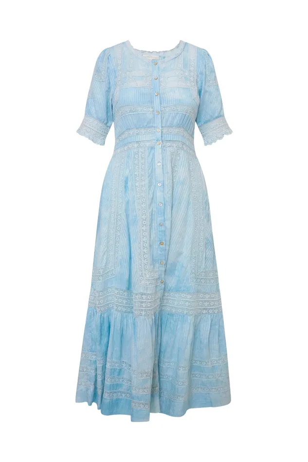 Dresses Women LoveShackFancy Minka Stripe Hand Dye Lace Maxi Dress Blue Hand Dye